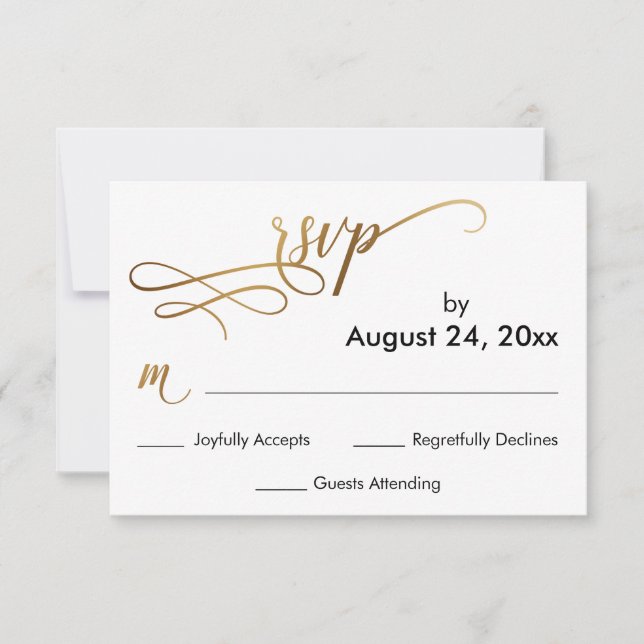 Elegante guión dorado en simple tarjeta RSVP (Anverso)