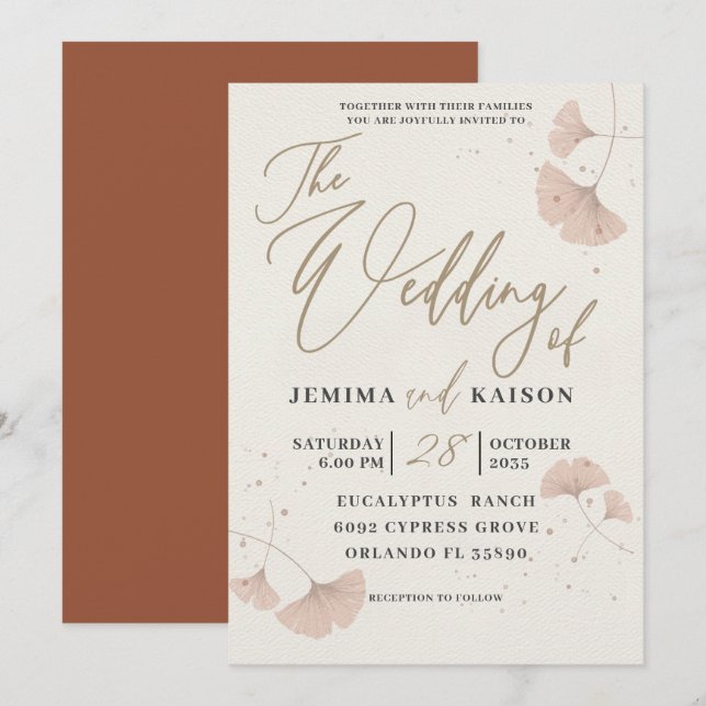 Elegante Guión Dorado Invitación a la boda de Terr (Anverso / Reverso)
