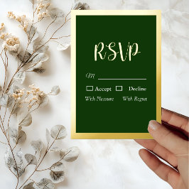 Elegante guión dorado y tarjeta RSVP verde de Reli