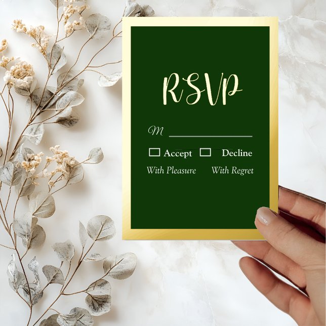 Elegante guión dorado y tarjeta RSVP verde de Reli (Subido por el creador)