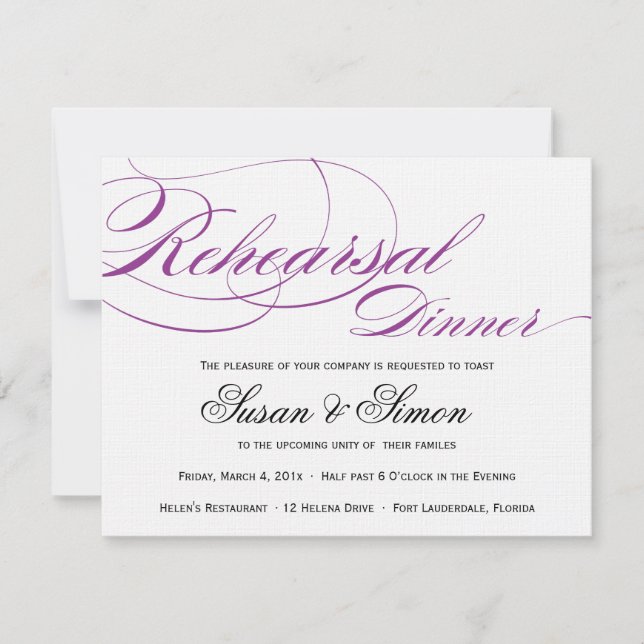 Elegante guión ensayo invitación cena morado (Anverso)