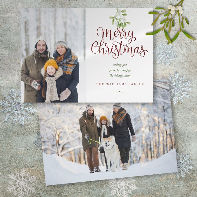 Elegante guión Feliz Navidad Mistletoe 2 Foto (Elegant Script Merry Christmas Mistletoe 2 Photo Holiday Card)