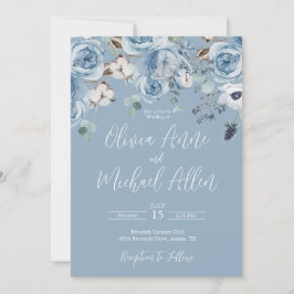 Elegante guión floral azul invitación a la boda