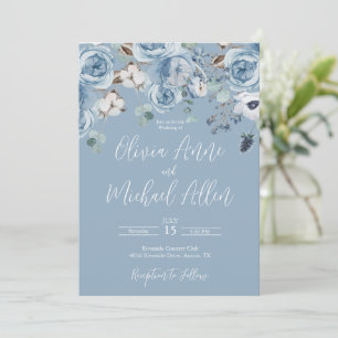 Elegante guión floral azul invitación a la boda
