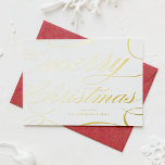 Elegante guión florece Feliz Navidad<br><div class="desc">Feliz Navidad! Envíe sus saludos de vacaciones a la familia y amigos con esta tarjeta de Navidades de personalizable. Presenta un guión elegante con acentos florecientes. Personalice agregando sus detalles. Esta tarjeta de Navidades de Relieve metalizado dorado está disponible en otros colores y material de cartón, perfecta como tarjeta de...</div>