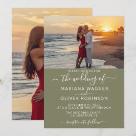 Elegante Guión Foto Sage Invitación a la Boda Verd