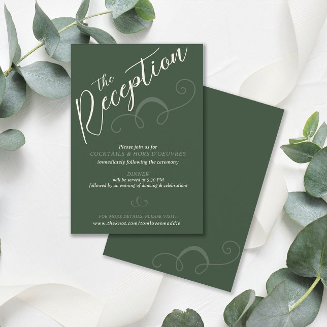 Elegante Guión inclinado Recepción de la Boda Verd (Elegant modern slant script  dark moss green and ivory wedding reception enclosure insert card )
