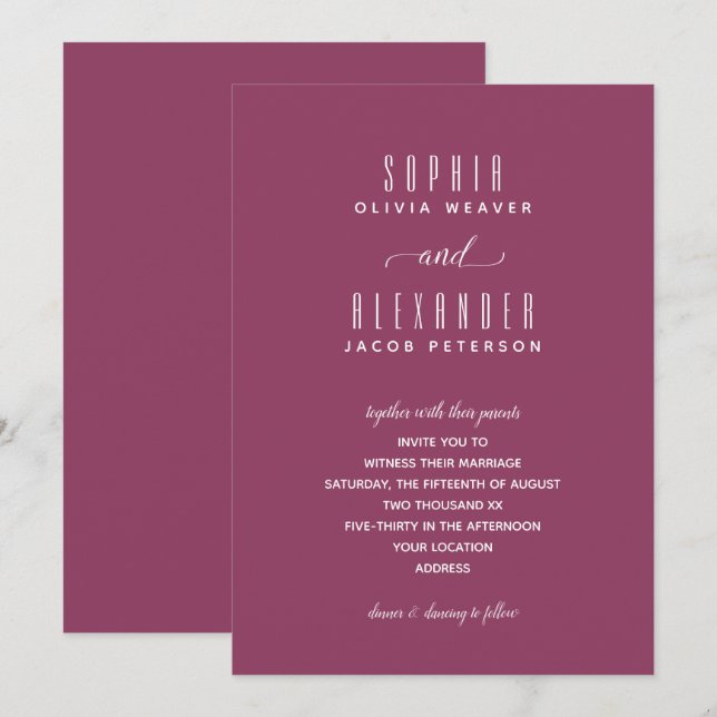 Elegante guión Invitación a la Boda Minimalista de (Anverso / Reverso)