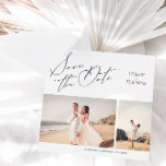 Elegante Guión Minimalista 2 Foto Guardar La Fecha<br><div class="desc">Este impresionante diseño combina simplicidad con elegancia, creando una invitación atemporal y sofisticada para su próximo boda. El fondo blanco limpio sirve como el lienzo perfecto para la hermosa tipografía de guiones, que resalta sus nombres y fecha de boda de una manera minimalista y elegante. Añade un toque personal incluyendo...</div>
