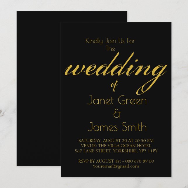Elegante guión negro y oro invitación (Anverso / Reverso)