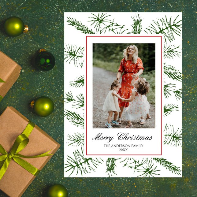 Elegante guión Pino rústico Boho Foto Navidad (Rustic Pine Boho Elegant Script Christmas Card)