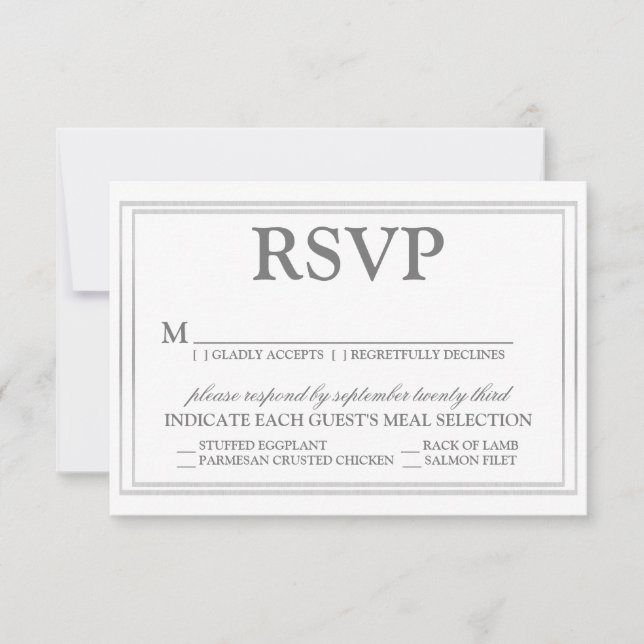 Elegante guión y matrimonio de borde plateado RSVP (Anverso)