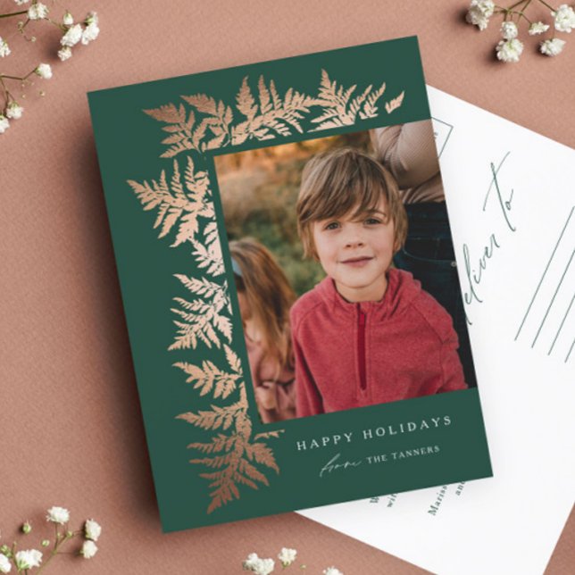 Elegante guirnalda de oro rosa de Navidad para fot (Elegant rose gold garland green photo holiday postcard.)