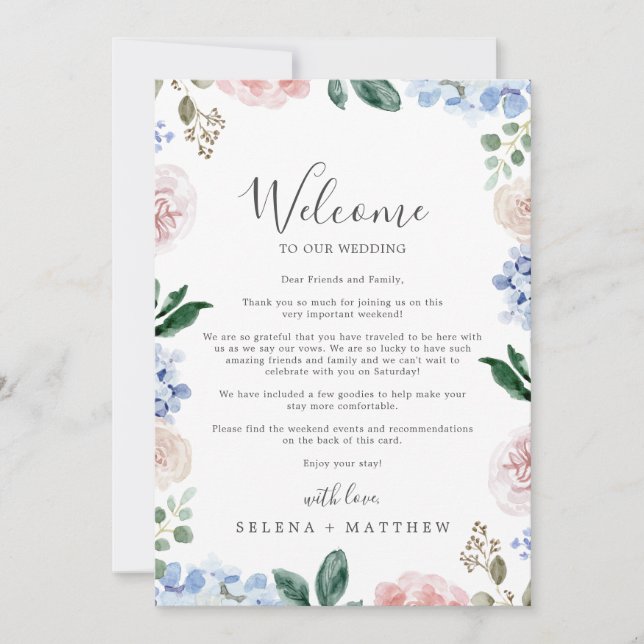 Elegante Hidrangea Azul Carta de bienvenida e Itin (Anverso)