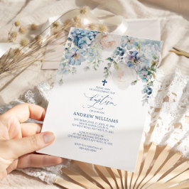 Elegante hidrangea azul y invitación al bautismo d