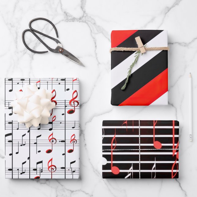 Elegante Hoja de Música Rojo, Blanco y Negro Envue (Anverso)