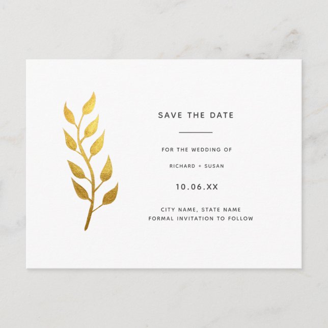 Elegante Hoja de Oro Guardar la Invitación de Fech (Anverso)