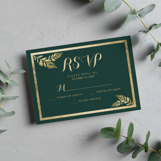 Elegante hoja de oro verde forestal RSVP (Elegant forest green golden leaf RSVP)
