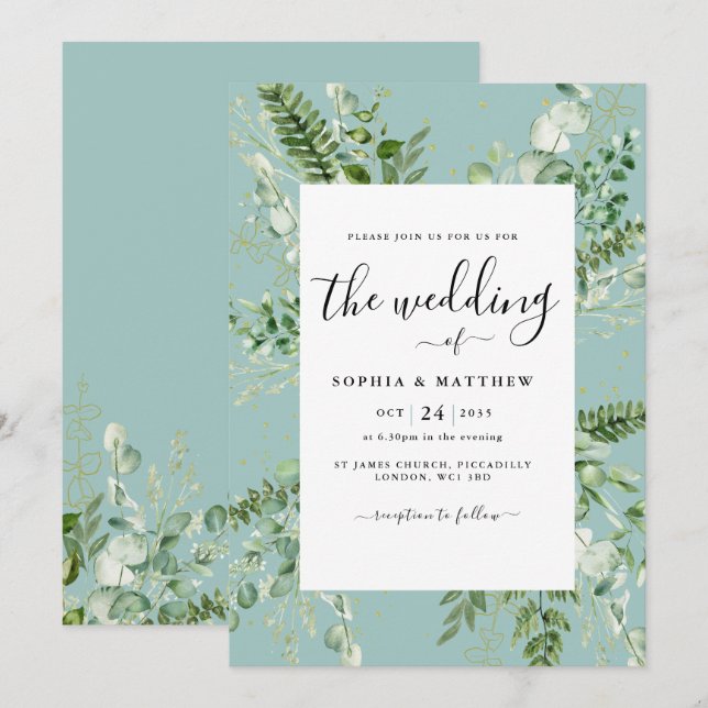 Elegante huevo de pato Eucalipto Invitación a la b (Anverso / Reverso)