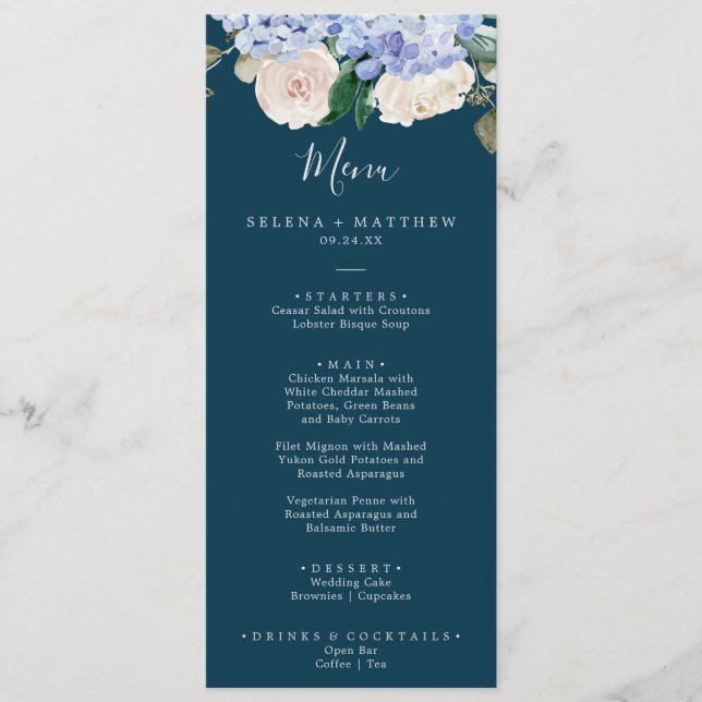 Elegante Hydrangea Azul | Menú de cena Boda de la  (Anverso)