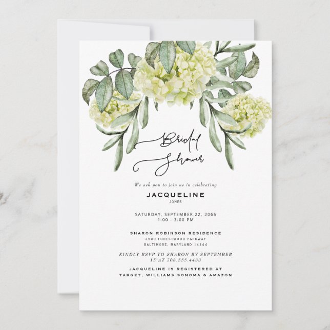 Elegante Hydrangea White Bridal Shower Invitación (Anverso)