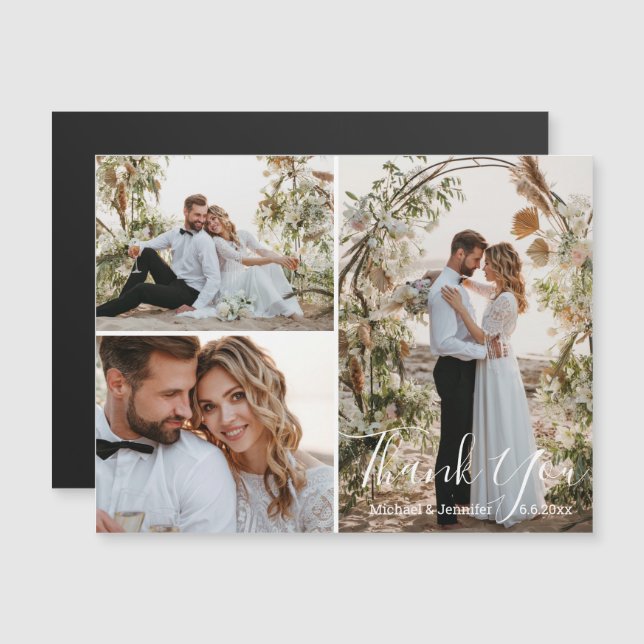 elegante imán de agradecimiento de boda con 3 foto (Anverso/Reverso)