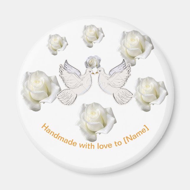 Elegante imán de bodas con palomas y rosas blancas (Frente)