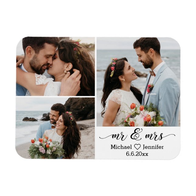 elegante imán de collage de fotos mr y mrs boda 3 (Horizontal)