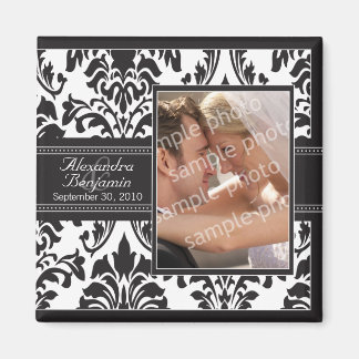 Elegante imán de favor de la boda Damask: negro/bl