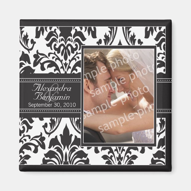 Elegante imán de favor de la boda Damask: negro/bl (Frente)