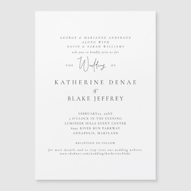 Elegante imán de invitación a la boda blanca Grace (Anverso)