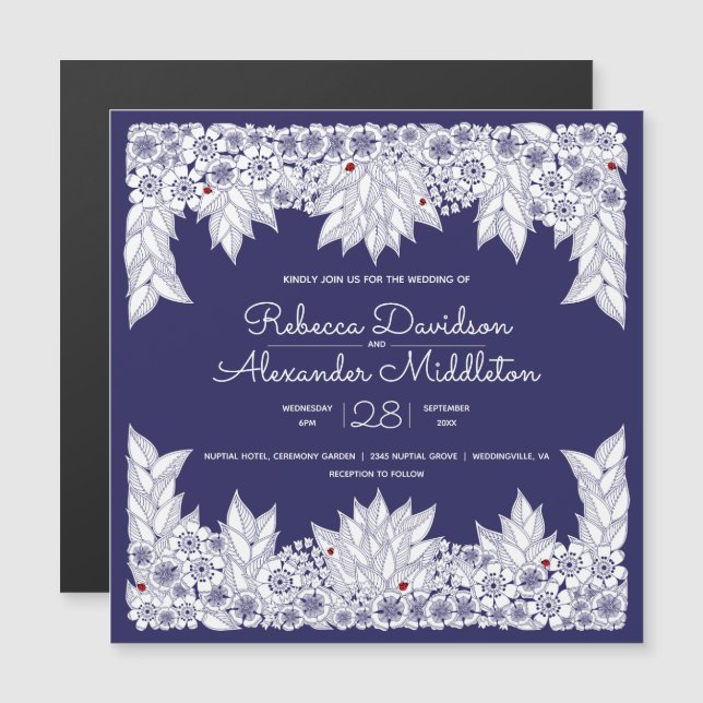 Elegante imán de recordatorio de Boda blanco azul (Anverso/Reverso)