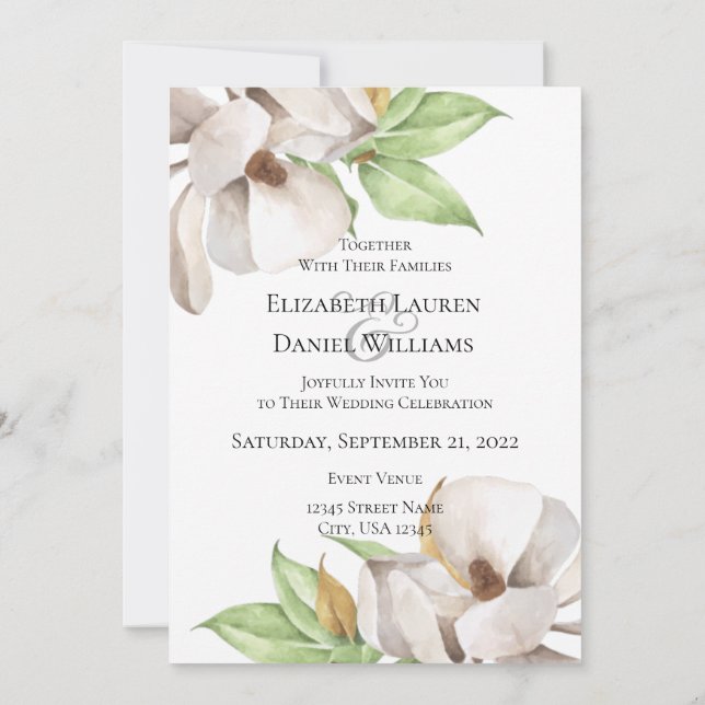 Elegante invitación a acuarela de Magnolia (Reverso)