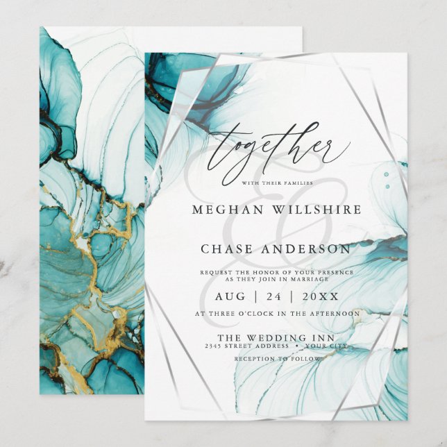 Elegante Invitación a acuarela Verde azulada azul  (Anverso / Reverso)