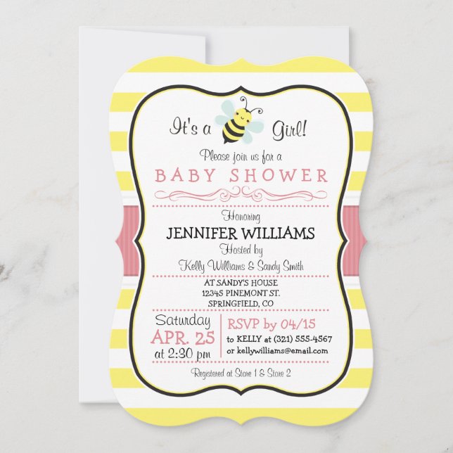 Elegante invitación a Baby Shower Chica de abejas (Anverso)