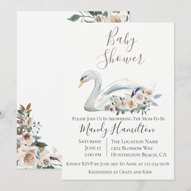 Elegante invitación a Baby Shower con flores de ci (Anverso / Reverso)