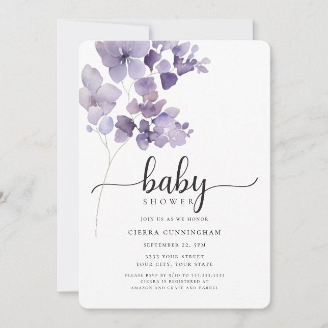 Elegante invitación a Baby Shower con flores morad (Anverso)