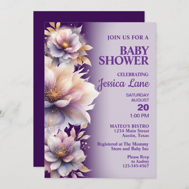 Elegante invitación a Baby Shower con flores morad (Anverso / Reverso)