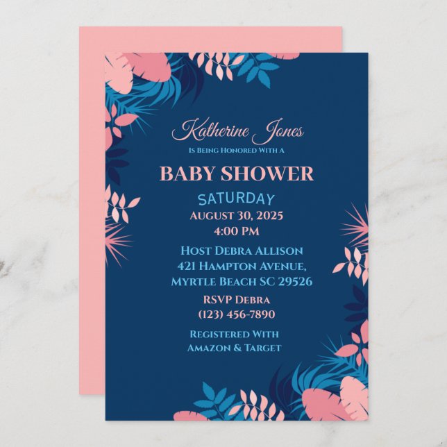 Elegante invitación a Baby Shower con flores rosad (Anverso / Reverso)