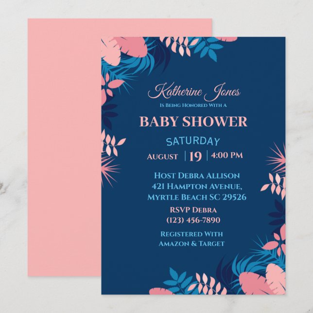 Elegante invitación a Baby Shower con flores rosad (Anverso / Reverso)