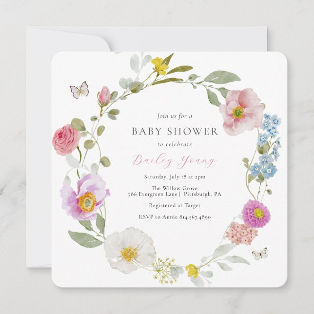 Elegante invitación a Baby Shower con mariposa flo (Anverso)