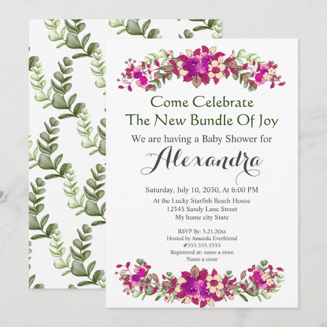 Elegante invitación a Baby Shower de Eucalyptus Fl (Anverso / Reverso)