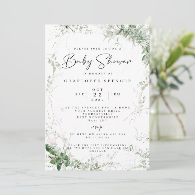 Elegante Invitación a Baby Shower de Verdor (Anverso de pie)