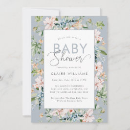 Elegante invitación a Baby Shower floral azul
