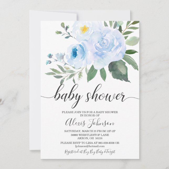 Elegante invitación a Baby Shower floral azul (Anverso)
