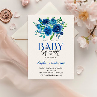 Elegante invitación a Baby Shower floral azul