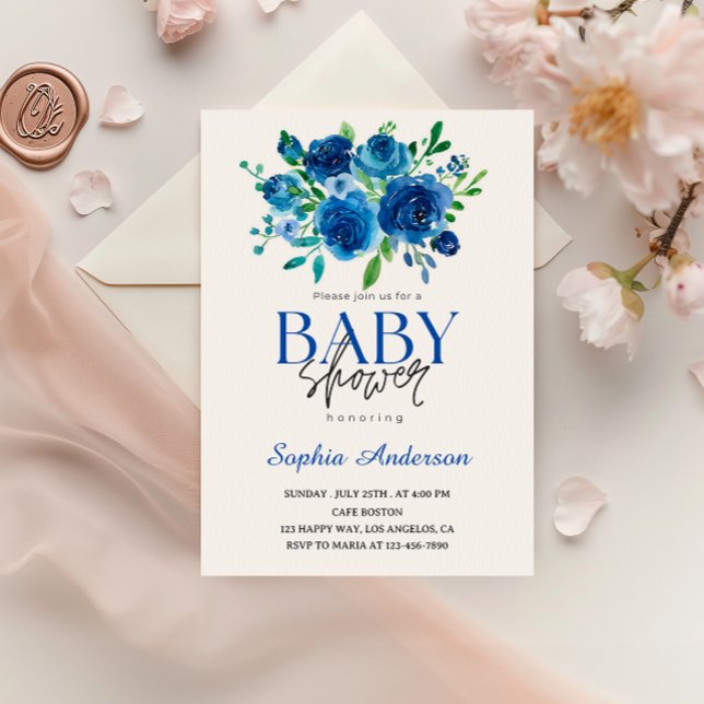 Elegante invitación a Baby Shower floral azul (Subido por el creador)