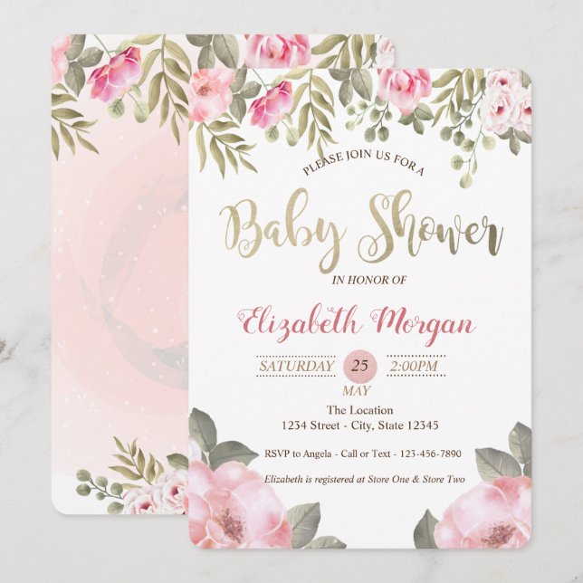 Elegante Invitación a Baby Shower Floral de acuare (Anverso / Reverso)
