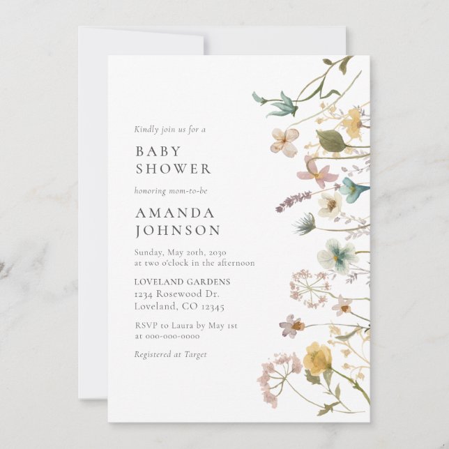 Elegante Invitación a Baby Shower Floral de acuare (Anverso)