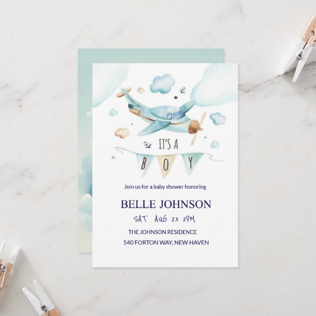 Elegante invitación a Baby Shower - Tema del avión (Anverso/Reverso In Situ)